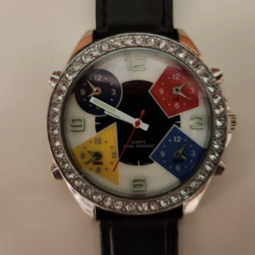Abstract 5 Time Zones w/ Leather Band, Quartz Face, Stainless Steel (READ) - Picture 2 of 6